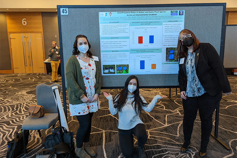 Science CORPS participants (from left to right) Emily Gonzalez, Teresa Muñoz, and Mary Moffett present findings from the Indiana Academy of Sciences meeting in Indianapolis in March 2022.